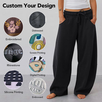 Celana Jogging Wanita Model Baggy Kaki Lebar Bahan Polyester/Katun Berlapis Fleece Ramah Lingkungan dan Bernapas dengan Tali Serut
