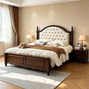 Base de Cama Tapizada Tradicional Tamaño Queen con Cabecera de Tela y Postes de Madera - Product Image 6