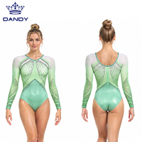Justaucorps de gymnastique noir à manches longues, en maille transparente, imprimé à pointes argentées, orné de strass, pour compétition professionnelle