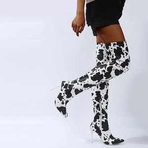 Xinzirain personnalisé femmes mode animaux talons Stiletto demi-côté fermeture éclair vache impression sur le genou haute cuisse <span class=keywords><strong>bottes</strong></span> en cuir - Product Image 3