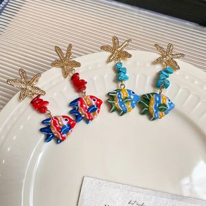 Pendientes Colgantes Bohemia de Aleación de Zinc con Baño de Oro, Diseño de Estrella de Mar y Pez Pequeño, Estilo Fresco y Dulce para Vacaciones en la Playa - Product Image 4