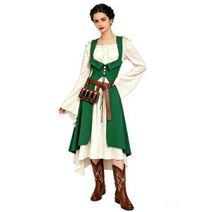 Robe de style rétro médiéval Renaissance pour femme adulte, tenue de performance, violette, verte, rouge, à manches longues, épaules dénudées, costume - Product Image 3
