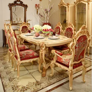 Rikkasi Muebles Palacio de lujo europeo Juego de comedor de madera tallada a mano Palacio Comedor Mesa de comedor Muebles