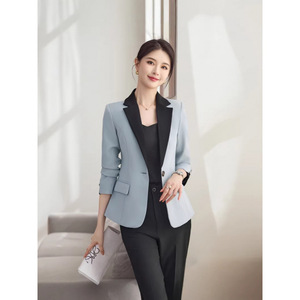 Red Long Sleeve Color Blocked Blazer Skirt Set Women's Formal Suit Commute Anti Wrinkle Worsted Fabric - Product Image 2