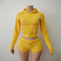 Ensemble de survêtement athlétique 2 pièces en tricot gaufré pour femme 2026 – Hoodie à manches longues et short – Tenue de sport décontractée avec logo personnalisé pour le quotidien