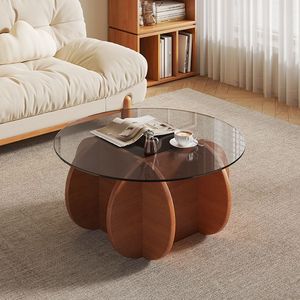 Tavolino da Caffè con Base a Croce, Piano in <span class=keywords><strong>Vetro</strong></span> Fumé Rotondo, Design Fluttuante, Pannelli in Legno Curvo a Quadrifoglio, Stile Moderno Minimalista per Soggiorno - Product Image 5