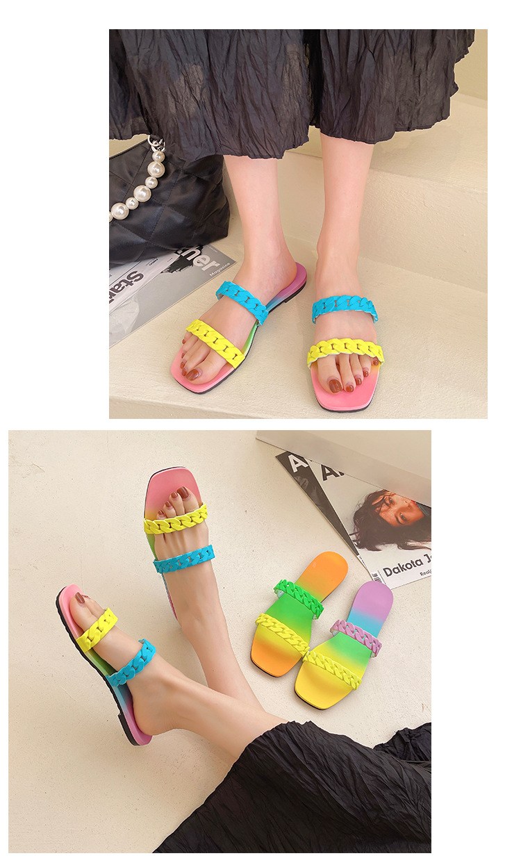 New Rainbow Bottom Chain Beach Slippers Candy Colorful Slipper Sandals Ladies