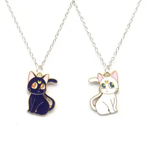 Fashion Kid's Cute Necklace Cat Pattern Pendant Enamel Necklace White Cat Blue Cat Necklace kid's Jewelry Gift For Children
