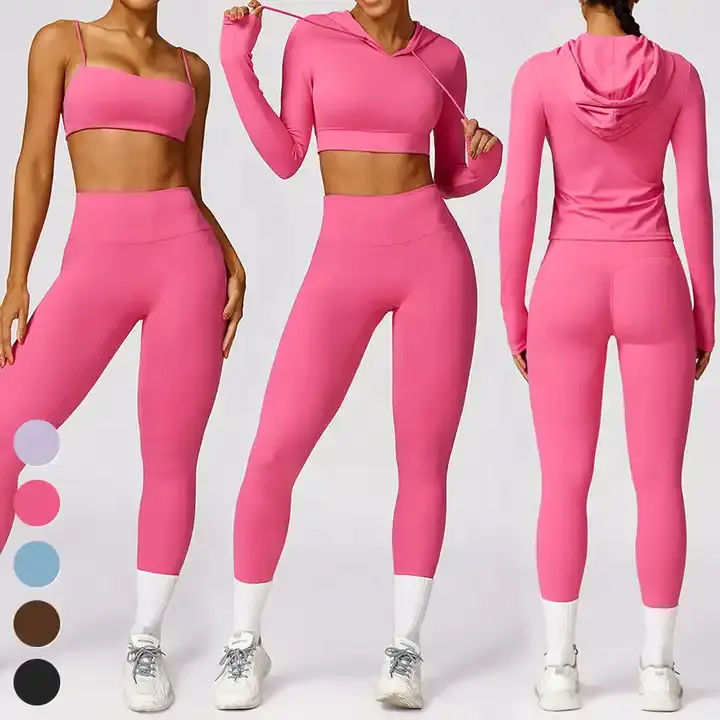 Schnelltrocknend aktives Trainingswear Sport-Huss-Huss Hoodie Crop-Tops Leggins frei passend 4-teiliges Set Damen Fitnessstudio Fitness-Sets