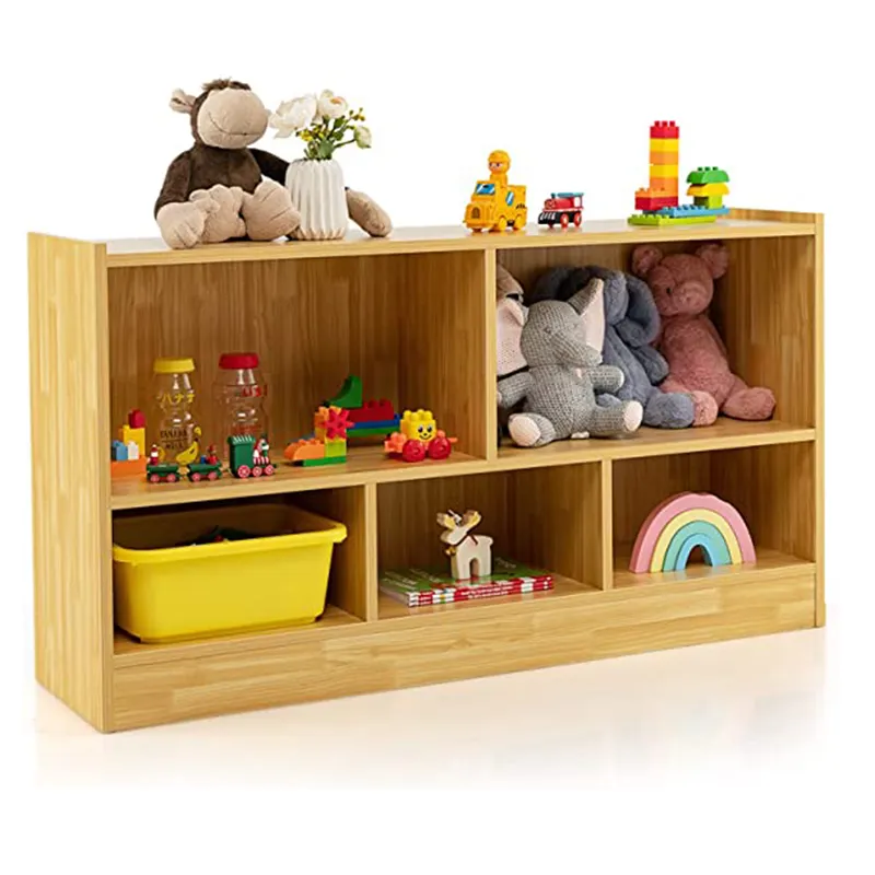 Rak penyimpanan mainan anak, rak buku tampilan kayu terbuka 2 tingkat untuk anak prasekolah 5 bagian