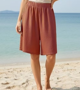 Beige Cotton Bermuda Shorts <b>Elastic</b> Waist Loose Fit Mid Rise Casual Women's Shorts - Product Image 2