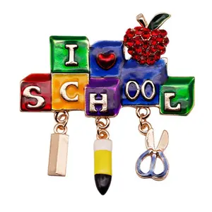 Office Supplier I LOVE SCHOOL Rhinestone Letter Brooch Scissors Pencils Enamel Charm For Teachers/Students Accessories