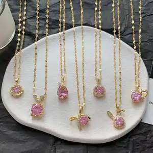 2024 best gift for girls rose diamond White inlaid zircon edging pink square zircon pendant necklace