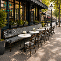 Ensemble de mobilier de café extérieur Ron Group : Bancs personnalisés, table ronde en pierre frittée, chaises empilables en rotin pour restaurant