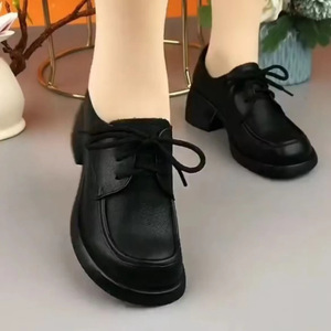 2025 Spring Autumn British Style Women's Genuine Cowhide Leather Loafers Medium High Heel <b>Lace</b>-Up Chunky <b>Shoes</b> with Thick Heel - Product Image 4