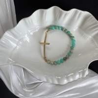 Lot de 10 Bracelets Personnalisés avec Breloque Croix Plaqué Or, Perles en Pierre Naturelle Turquoise, Bijoux Ajustables pour Marques DTC