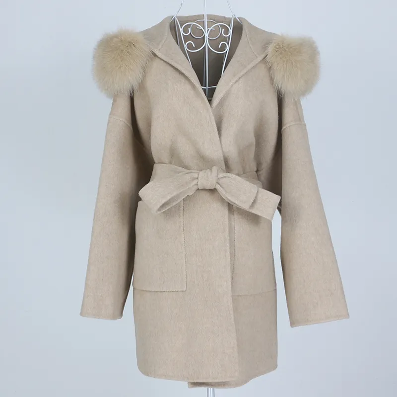 OFTBUY 2024 baru longgar kebesaran wol kasmir campuran bulu asli mantel jaket musim dingin wanita bulu rubah alami kerah tudung sabuk pakaian luar