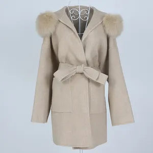 OFTBUY 2024 Neue Übergröße lose Kaschmirwolle Mengen echter Pelzmantel Winterjacke Damen natürlicher Fuchsfellkragen Hood Oberbekleidung Gürtel