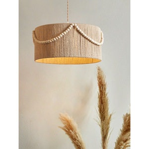 Abat-jour en corde de chanvre avec perles en bois, forme cylindrique, source de lumière LED pour salon, chambre à coucher, luminaire de plafond - Product Image 2
