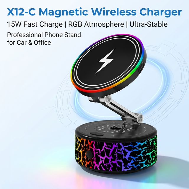 Magnetic Wireless Charger Stand | 15W Fast Charge RGB Light | 360° 3-Axis Foldable Vacuum Mount | X12C Car Office Holder