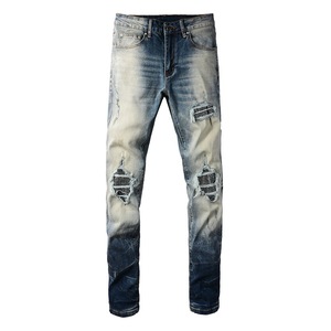 Streetwearสต็อกแฟชั่นยืด<span class=keywords><strong>กางเกง</strong></span>ยีนส์ตรง<span class=keywords><strong>กางเกง</strong></span>Biker Scratch Rippedคุณภาพ<span class=keywords><strong>กางเกง</strong></span>ยีนส์ - Product Image 1