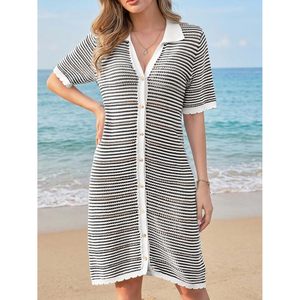 Robe de plage en crochet pour femme, boutonnée, à manches courtes, rayée, mini-robe, col en V, tricotée, respirante - Product Image 4
