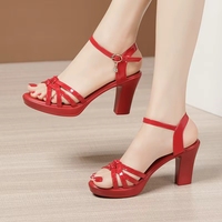 Nouvelle Tendance 2026 : Sandales en Cuir Verni Rouge pour Femme, Talons Carrés de 8 cm, à Brides et Bride Cheville, Chaussures Élégantes pour Fêtes et Mariages