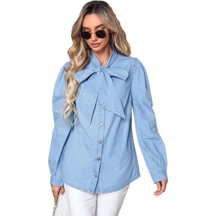 2023 new arrivals design Youth denim western polo women corded denim tie shirts with bow for women tops