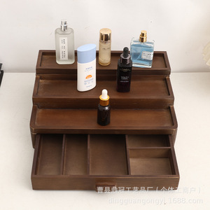 Étagère de rangement cosmétique en bois à trois niveaux avec tiroirs, organisateur multi-couches pour maquillage et produits de soin de la peau - Product Image 1