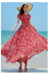 Summer new blomme abito in chiffon donna manica corta big swing red dress maxi beach Sun Dresses - Product Image 5