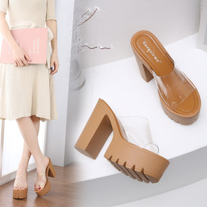 Women's Heeled Sandals 13cm Super High Heel Thick Bottom Waterproof Platform Transparent Adhesive <b>Slide</b> New - Product Image 1