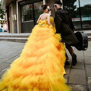 Yellow Strapless Tulle Ball Gown Wedding Dress Natural Waistline Candy Color <b>Mesh</b> Fabric Outdoor Photography Outfit - Product Image 4