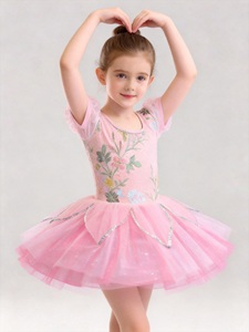 ชุดบัลเลต์เด็กแขนพองตาข่ายปักลายดอกไม้ แต่งขอบกลิตเตอร์สีเงิน กระโปรงผ้าทูลสีชมพู ชุดเต้นรำสำหรับการแสดงบนเวที - Product Image 5