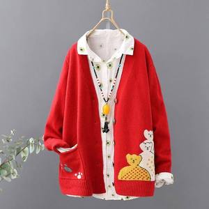 Cardigan en tricot style ours, cardigan brodé en jacquard, <span class=keywords><strong>veste</strong></span> pour <span class=keywords><strong>femme</strong></span>, <span class=keywords><strong>pull</strong></span> ample et fin, <span class=keywords><strong>pull</strong></span> à simple boutonnage - Product Image 5