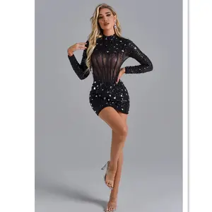 Womens Luxury Clothing 2023 Ladies Hand Beading Celebrity Party Long Sleeve Runway Evening Dresses
