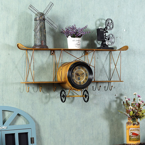 <b>Vintage</b> Airplane Wall Shelf With <b>Clock</b> Two Layer Metal Decor For Home Bar Living Room Art Display - Product Image 5