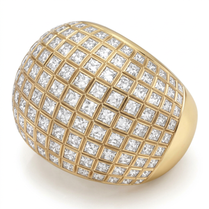 Anillo de Oro Amarillo de 14 Quilates con Diamantes Blancos en Forma de Domo |   Anillo de cóctel llamativo con diseño de rejilla pavé |   Certificado IGI, Chapado en Rodio, Lujoso y Fino - Product Image 1