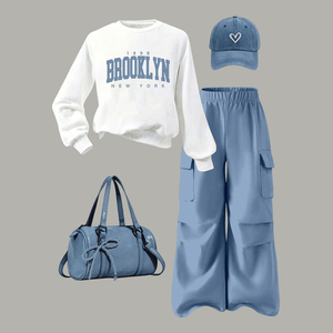 Nuova Collezione: <span class=keywords><strong>Felpa</strong></span> <span class=keywords><strong>Bianca</strong></span> con Stampa di Lettere e Pantaloni Cargo Blu per Ragazze Adolescenti, Ideali per Uscite Quotidiane - Product Image 1