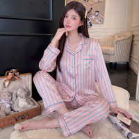 Pakaian Tidur Wanita Motif Garis Pink Bahan Satin Lengan Panjang Set Baju Rumah Ukuran Asia M L XL 2XL