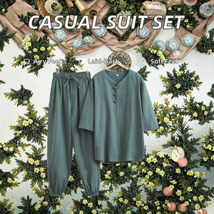 Costumes décontractés en coton et lin pour hommes Chemise à manches courtes brodée Pantalon de jogging Tissu tricoté respirant d'été Motif uni - Product Image 2