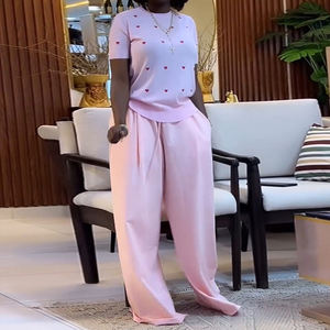 Combinaison pour femme été 2025, mode européenne et américaine transfrontalière, haut à manches courtes doux et pantalon large assorti - Product Image 3