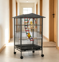 Cage à perroquets spacieuse sur roulettes avec échelle d'activités, plateau amovible et jupe en maille pour minimiser les gâcheries de nourriture par les oiseaux