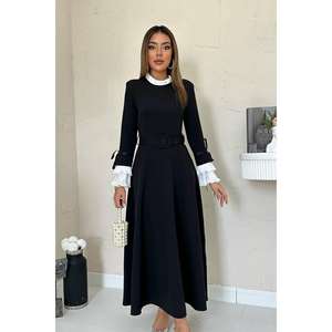 Robe de soirée élégante noire coupe trapèze avec manches plissées, taille naturelle, manches longues, tenue de cérémonie - Product Image 3