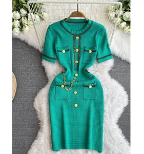 Vestidos de Verano para Mujer, Estilo Francés, Color Verde, Manga Corta, Cuello Redondo - Product Image 1