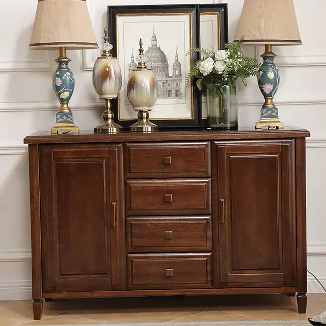 Mesa de consola de madera de teca, pasillo de lujo francés, moderna, con 2 puertas y 4 cajones para sala de estar