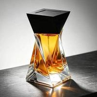 Flacon de parfum vide de luxe noir brillant torsadé géométrique sculptural à facettes avec base en verre lourd, lettrage doré, logo personnalisé