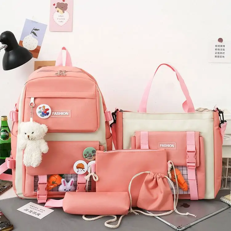 حقيبة عصرية كورية رخيصة السعر 5 في 1 للأطفال 2023 قماش عالي الجودة طقم حقائب مدرسية فاخر لأول وقت للفتيات والأطفال