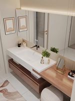 Ensemble de meubles de salle de bain moderne rétro style bois avec lavabo en dalle de pierre, coiffeuse et armoire de toilette résistante à l'eau avec éclairage LED