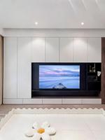 Meuble TV moderne avec éclairage LED, tiroirs de rangement et étagères ouvertes, en noyer, pour salon