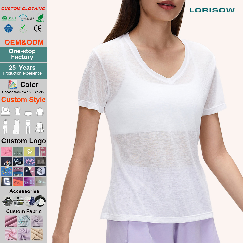 LORISOW Yoga Wear Women's V-Neck Casual Loose Fit Solid Short-Sleeve T-Shirt Lightweight Quick-Dry Fitness Top